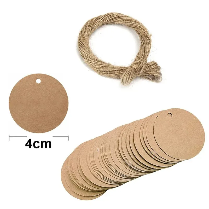 100 Stück + 20 m Hanfseil, Vergoldung, Dankeschön-Anhänger, Rindsleder, schwarz-weißer Karton, blanko, handgefertigt, DIY, Herz-Kreis-Etikett