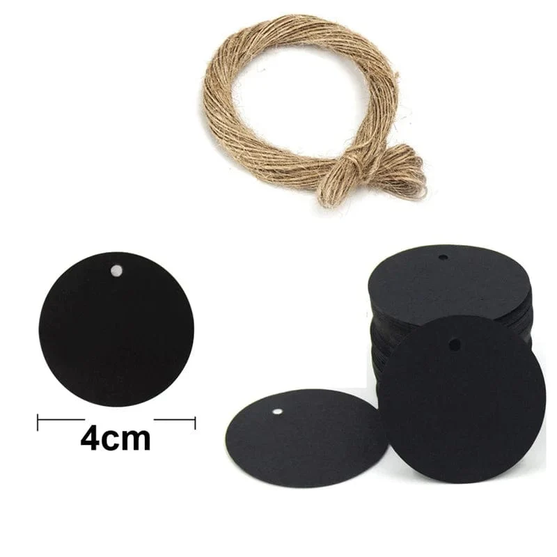100 Stück + 20 m Hanfseil, Vergoldung, Dankeschön-Anhänger, Rindsleder, schwarz-weißer Karton, blanko, handgefertigt, DIY, Herz-Kreis-Etikett