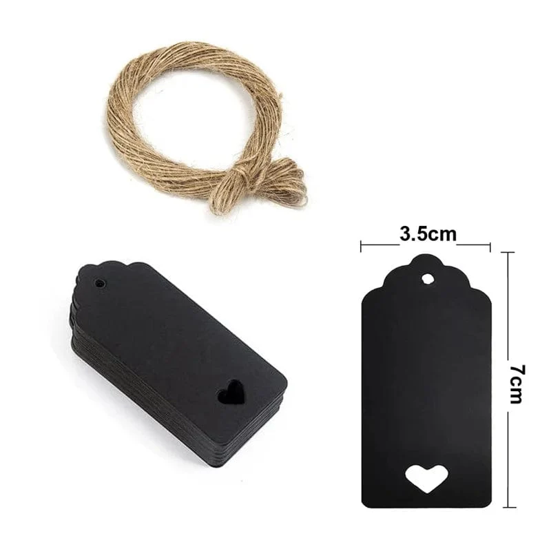 100 Stück + 20 m Hanfseil, Vergoldung, Dankeschön-Anhänger, Rindsleder, schwarz-weißer Karton, blanko, handgefertigt, DIY, Herz-Kreis-Etikett
