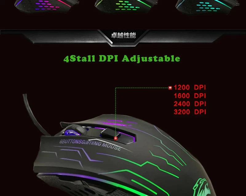 FORKA Silent Click USB-Kabel-Gaming-Maus 6 Tasten 3200 DPI Stumm Optische Computermaus Gamer-Mäuse für PC Laptop Notebook Spiel