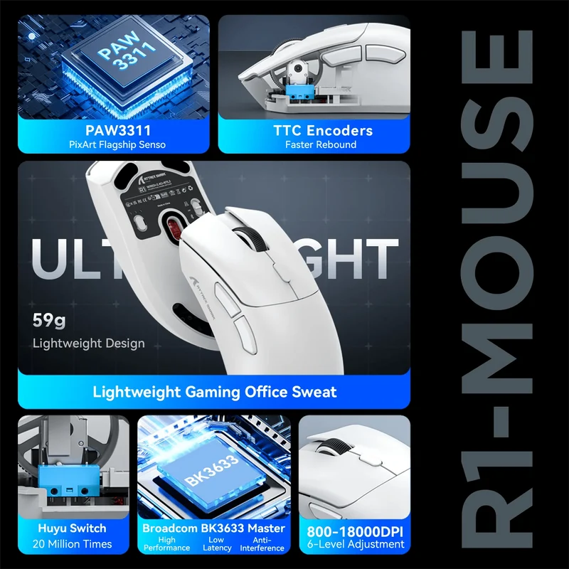 Attack Shark R1 1000Hz Bluetooth-Maus, 18000dpi, PAW3311, Tri-Mode-Verbindung, Makro-Gaming-Maus