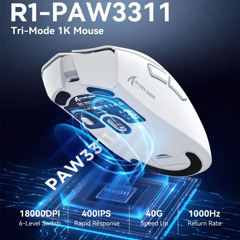 Attack Shark R1 1000Hz Bluetooth-Maus, 18000dpi, PAW3311, Tri-Mode-Verbindung, Makro-Gaming-Maus