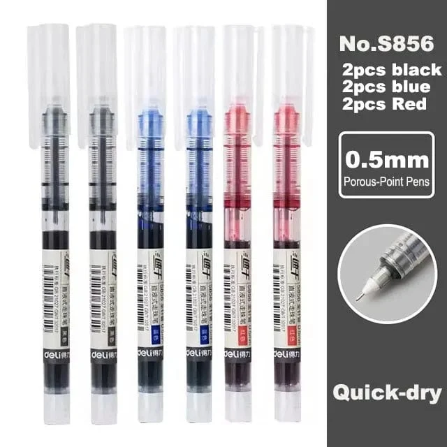 Deli 6/10-teiliges Tintenroller-Set, 0.5 mm, Schwarz, Blau, Rot, schnelltrocknende Tinte, Gelschreiber, Schreibwaren, Schreibutensilien für Studenten