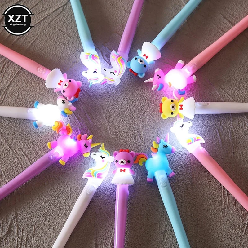 4 Stück Gelstift, Einhorn-Stift mit LED-Licht, Kawai, süßer Mädchen-Geltintenstift, leuchtender Stift, Schulschreibwaren, Kinderschreibwaren