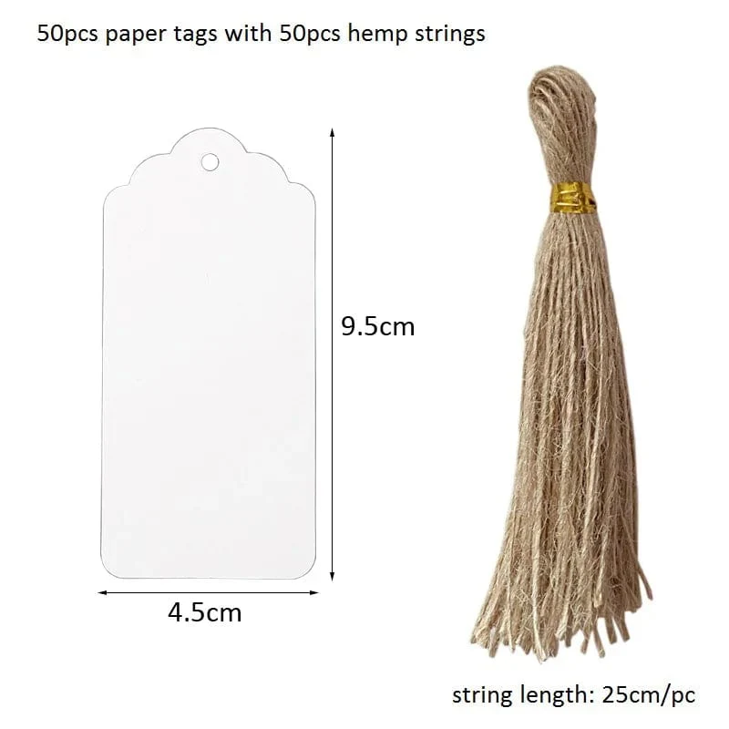 50 Stück Anhänger aus Kraftpapier, weiße Kartonkarten mit Schnüren, für Hochzeiten, Geburtstage, Weihnachtsfeiern, Geschenkanhänger, Keksverpackungen