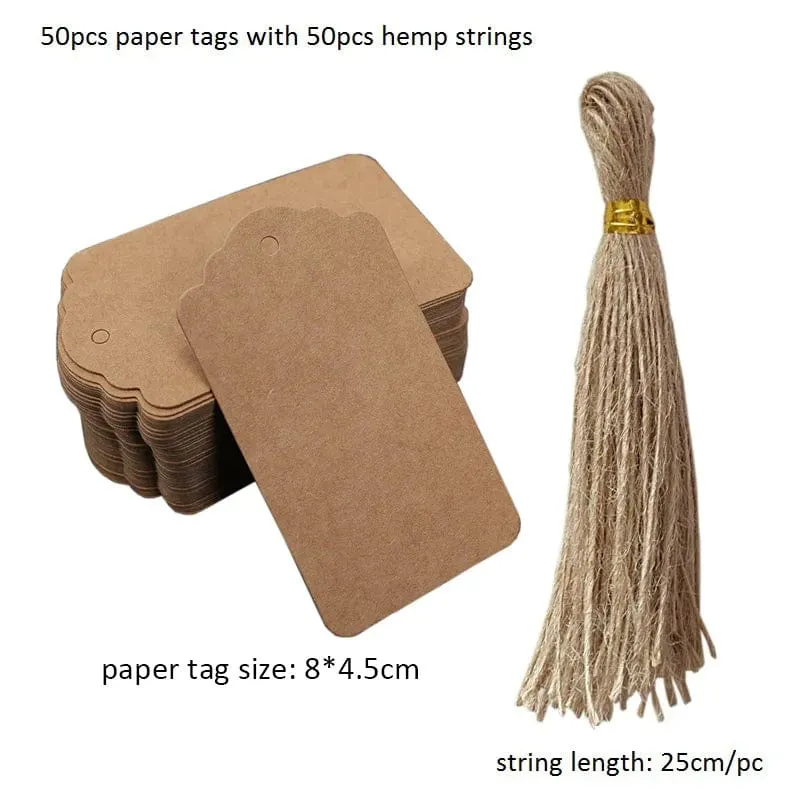 50 Stück Anhänger aus Kraftpapier, weiße Kartonkarten mit Schnüren, für Hochzeiten, Geburtstage, Weihnachtsfeiern, Geschenkanhänger, Keksverpackungen
