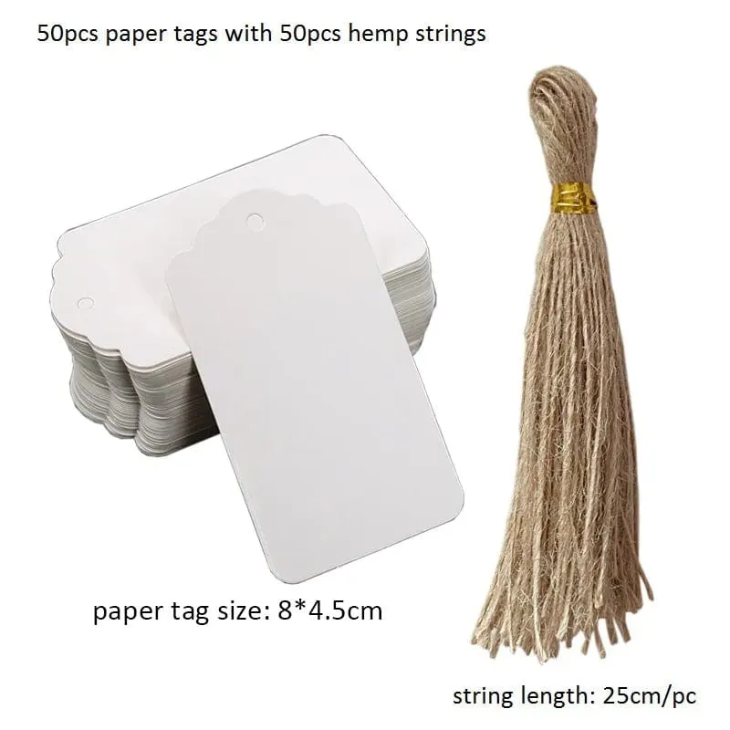 50 Stück Anhänger aus Kraftpapier, weiße Kartonkarten mit Schnüren, für Hochzeiten, Geburtstage, Weihnachtsfeiern, Geschenkanhänger, Keksverpackungen