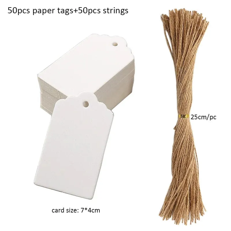 50 Stück Anhänger aus Kraftpapier, weiße Kartonkarten mit Schnüren, für Hochzeiten, Geburtstage, Weihnachtsfeiern, Geschenkanhänger, Keksverpackungen