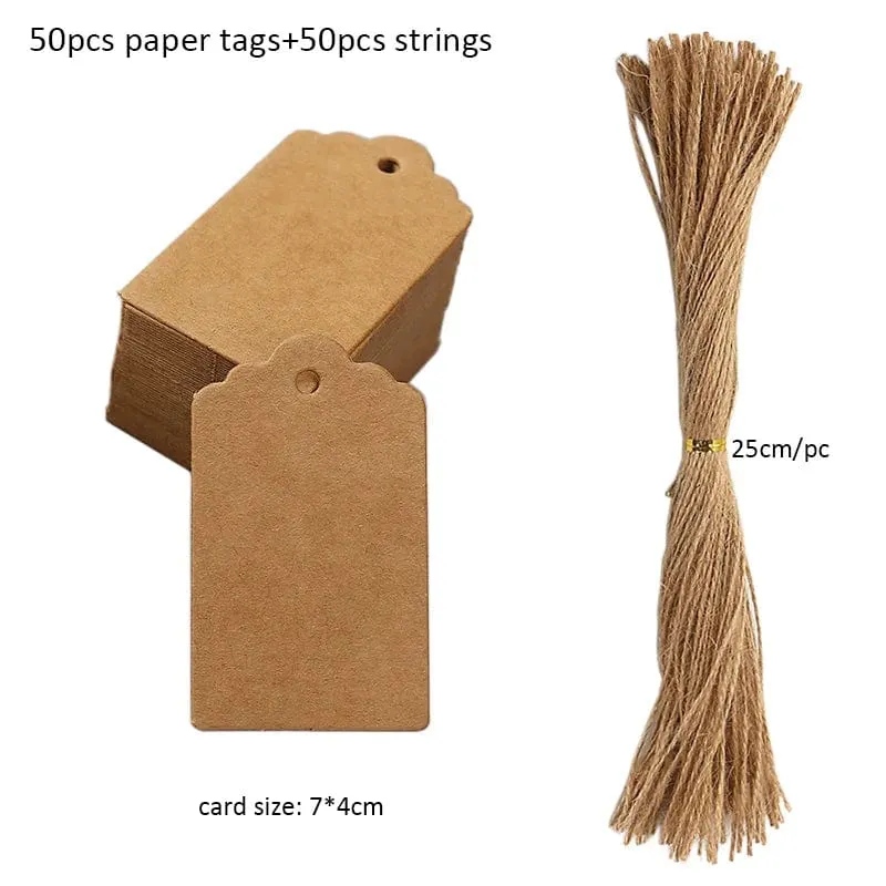 50 Stück Anhänger aus Kraftpapier, weiße Kartonkarten mit Schnüren, für Hochzeiten, Geburtstage, Weihnachtsfeiern, Geschenkanhänger, Keksverpackungen