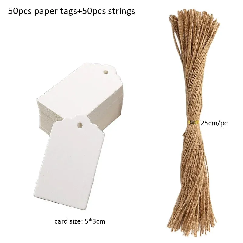 50 Stück Anhänger aus Kraftpapier, weiße Kartonkarten mit Schnüren, für Hochzeiten, Geburtstage, Weihnachtsfeiern, Geschenkanhänger, Keksverpackungen