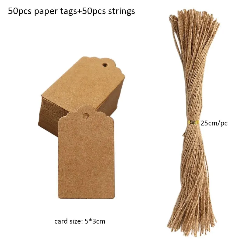 50 Stück Anhänger aus Kraftpapier, weiße Kartonkarten mit Schnüren, für Hochzeiten, Geburtstage, Weihnachtsfeiern, Geschenkanhänger, Keksverpackungen