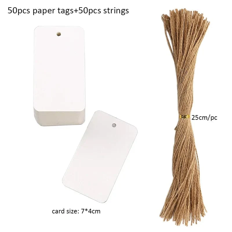 50 Stück Anhänger aus Kraftpapier, weiße Kartonkarten mit Schnüren, für Hochzeiten, Geburtstage, Weihnachtsfeiern, Geschenkanhänger, Keksverpackungen