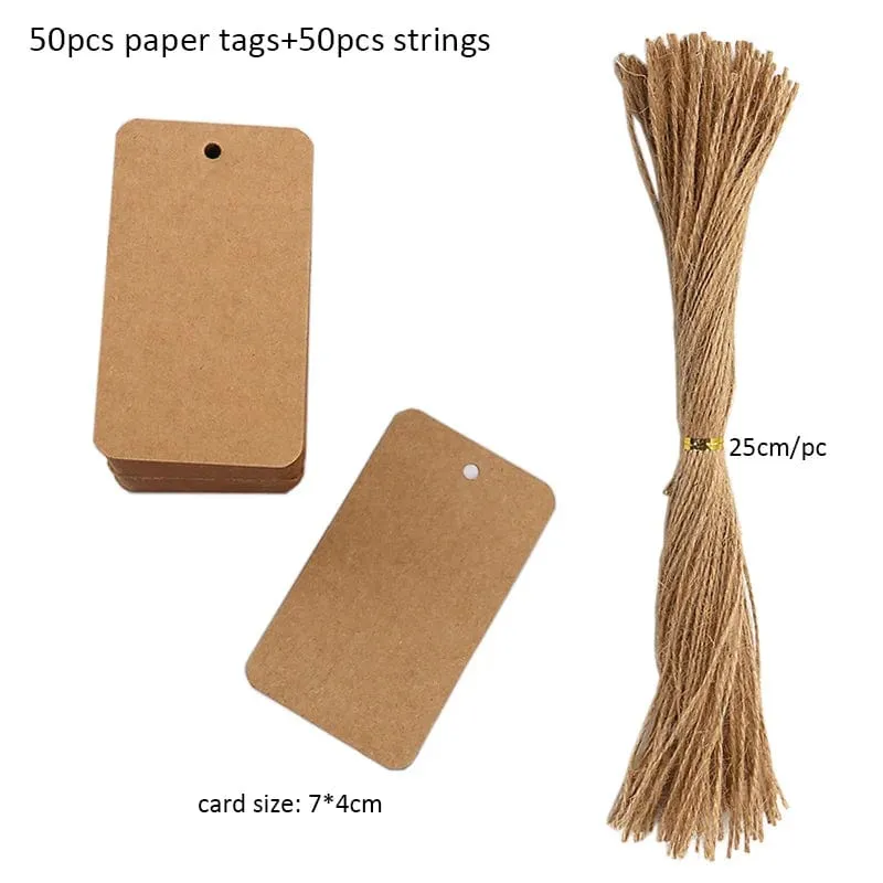 50 Stück Anhänger aus Kraftpapier, weiße Kartonkarten mit Schnüren, für Hochzeiten, Geburtstage, Weihnachtsfeiern, Geschenkanhänger, Keksverpackungen