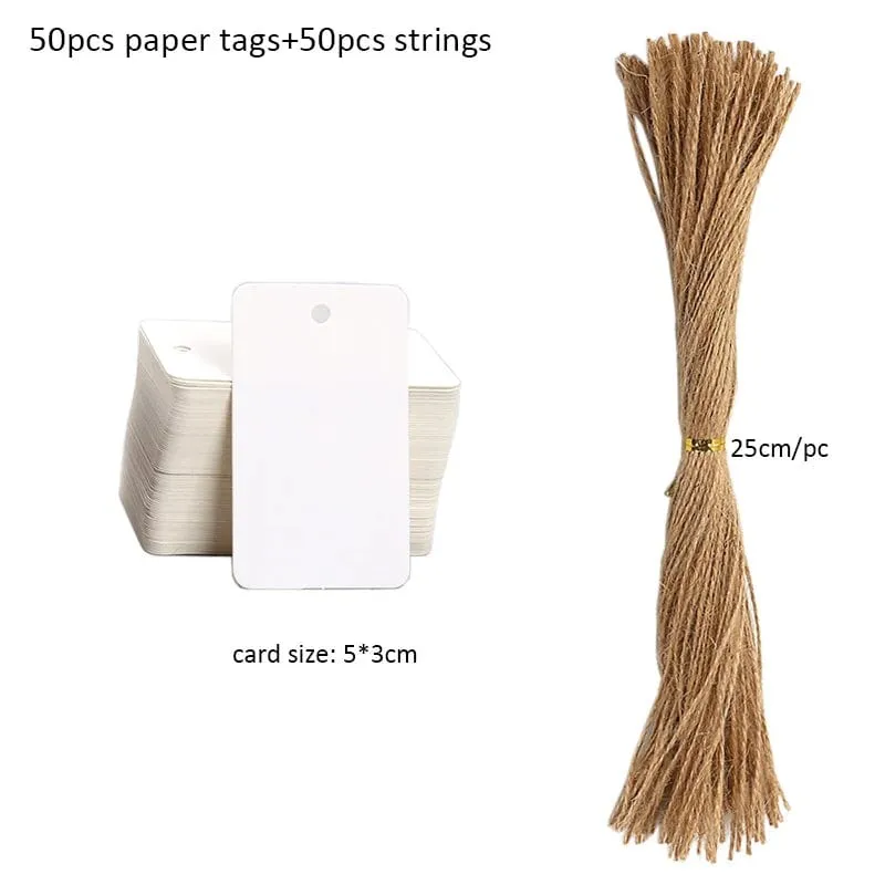 50 Stück Anhänger aus Kraftpapier, weiße Kartonkarten mit Schnüren, für Hochzeiten, Geburtstage, Weihnachtsfeiern, Geschenkanhänger, Keksverpackungen