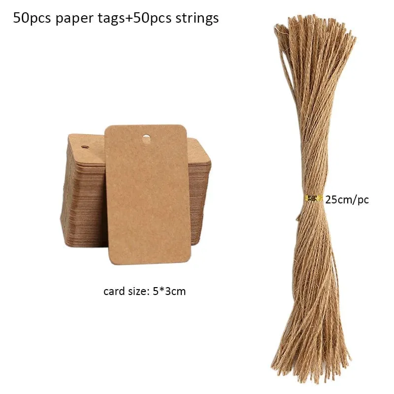 50 Stück Anhänger aus Kraftpapier, weiße Kartonkarten mit Schnüren, für Hochzeiten, Geburtstage, Weihnachtsfeiern, Geschenkanhänger, Keksverpackungen