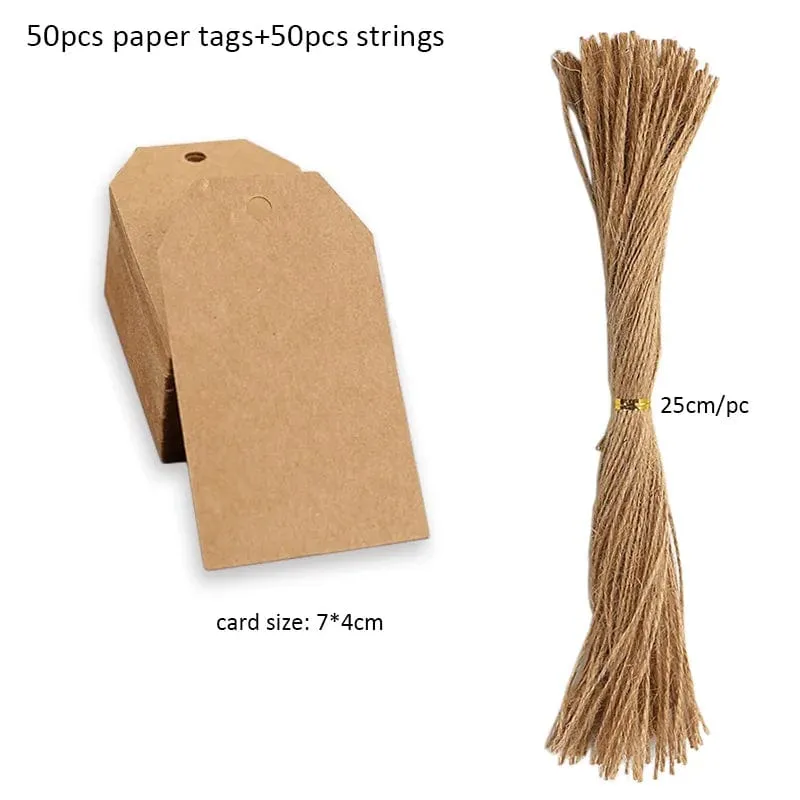 50 Stück Anhänger aus Kraftpapier, weiße Kartonkarten mit Schnüren, für Hochzeiten, Geburtstage, Weihnachtsfeiern, Geschenkanhänger, Keksverpackungen