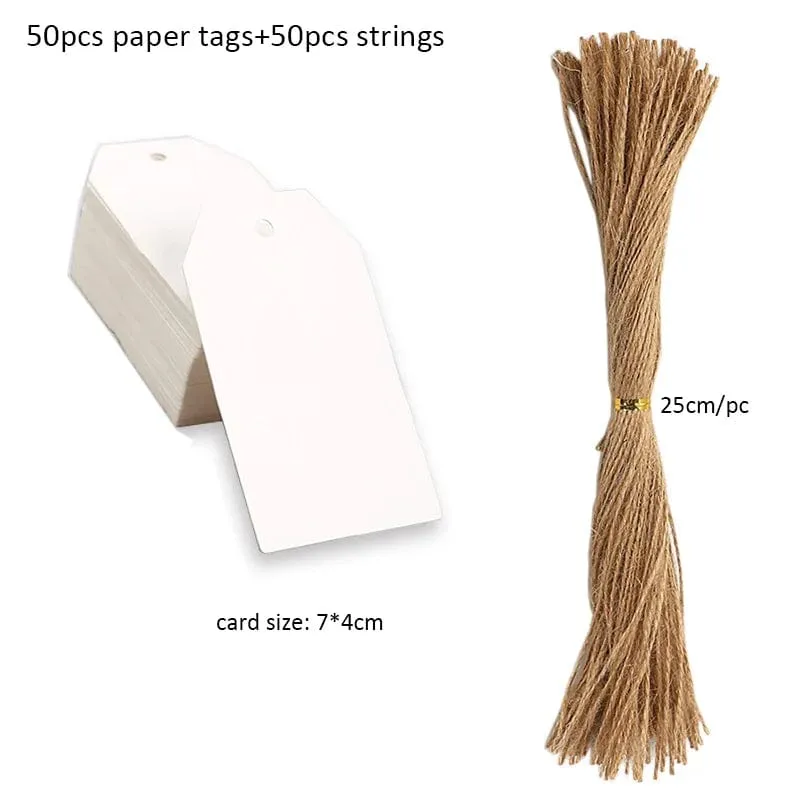 50 Stück Anhänger aus Kraftpapier, weiße Kartonkarten mit Schnüren, für Hochzeiten, Geburtstage, Weihnachtsfeiern, Geschenkanhänger, Keksverpackungen