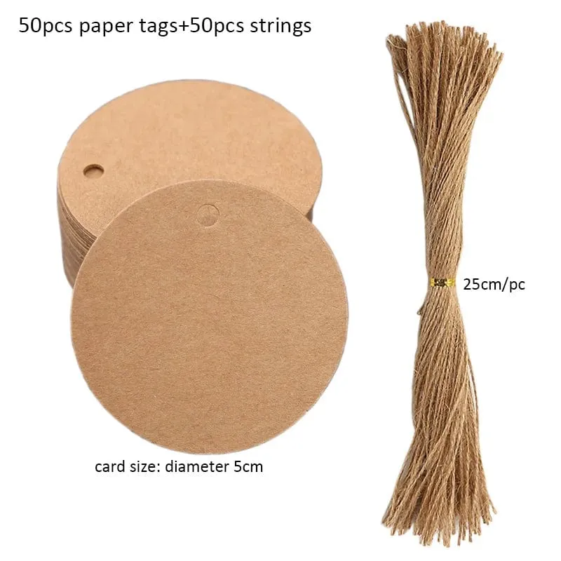 50 Stück Anhänger aus Kraftpapier, weiße Kartonkarten mit Schnüren, für Hochzeiten, Geburtstage, Weihnachtsfeiern, Geschenkanhänger, Keksverpackungen