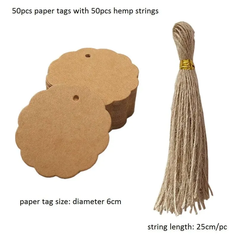 50 Stück Anhänger aus Kraftpapier, weiße Kartonkarten mit Schnüren, für Hochzeiten, Geburtstage, Weihnachtsfeiern, Geschenkanhänger, Keksverpackungen