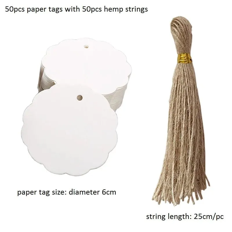 50 Stück Anhänger aus Kraftpapier, weiße Kartonkarten mit Schnüren, für Hochzeiten, Geburtstage, Weihnachtsfeiern, Geschenkanhänger, Keksverpackungen