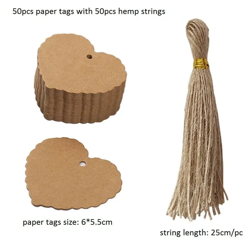 50 Stück Anhänger aus Kraftpapier, weiße Kartonkarten mit Schnüren, für Hochzeiten, Geburtstage, Weihnachtsfeiern, Geschenkanhänger, Keksverpackungen