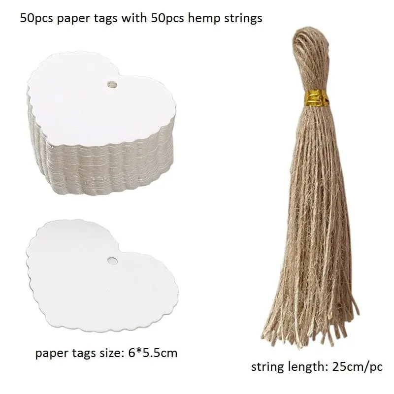 50 Stück Anhänger aus Kraftpapier, weiße Kartonkarten mit Schnüren, für Hochzeiten, Geburtstage, Weihnachtsfeiern, Geschenkanhänger, Keksverpackungen