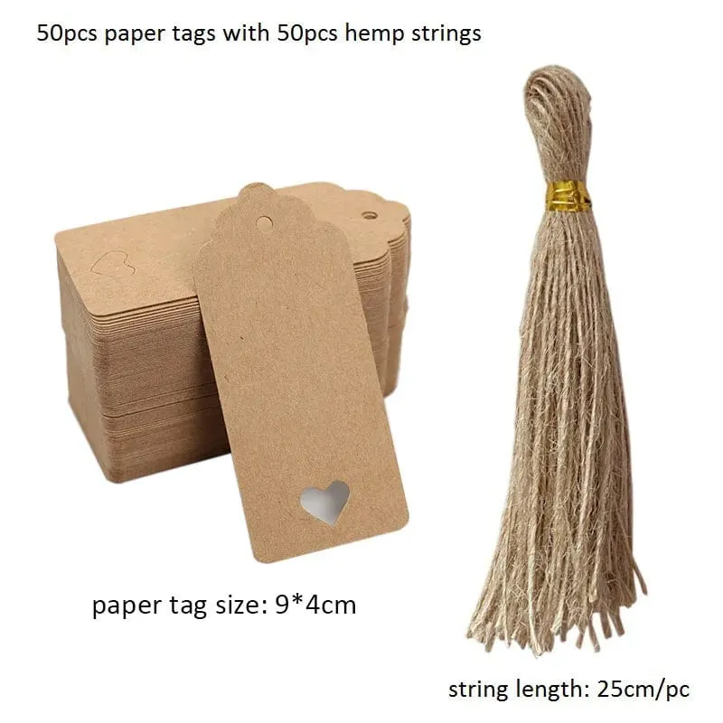 50 Stück Anhänger aus Kraftpapier, weiße Kartonkarten mit Schnüren, für Hochzeiten, Geburtstage, Weihnachtsfeiern, Geschenkanhänger, Keksverpackungen