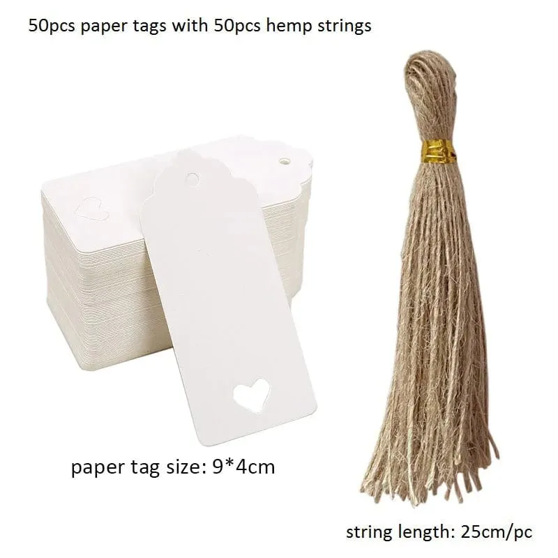 50 Stück Anhänger aus Kraftpapier, weiße Kartonkarten mit Schnüren, für Hochzeiten, Geburtstage, Weihnachtsfeiern, Geschenkanhänger, Keksverpackungen