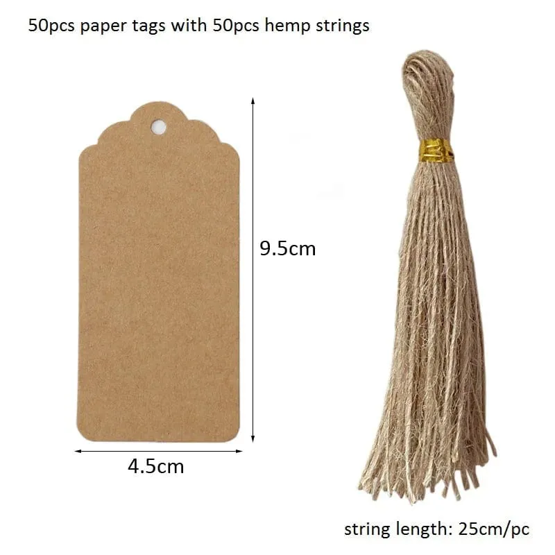 50 Stück Anhänger aus Kraftpapier, weiße Kartonkarten mit Schnüren, für Hochzeiten, Geburtstage, Weihnachtsfeiern, Geschenkanhänger, Keksverpackungen