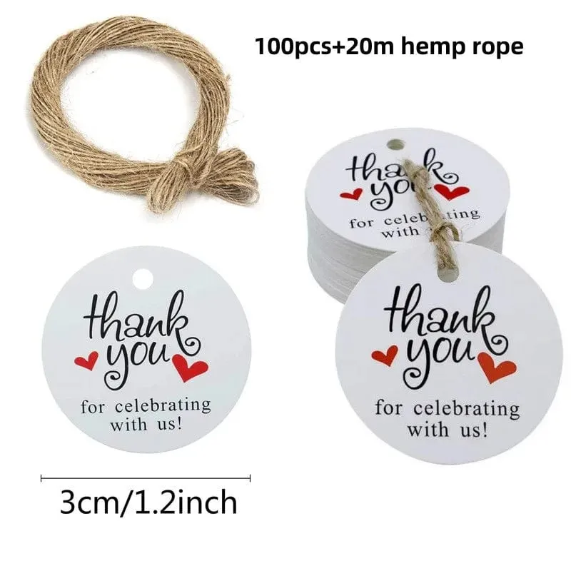 100 Stück + 20 m Hanfseil. Danke, dass Sie mit uns feiern. Handgefertigte Anhänger, Geschenkdekorationen, leere Preisschilder