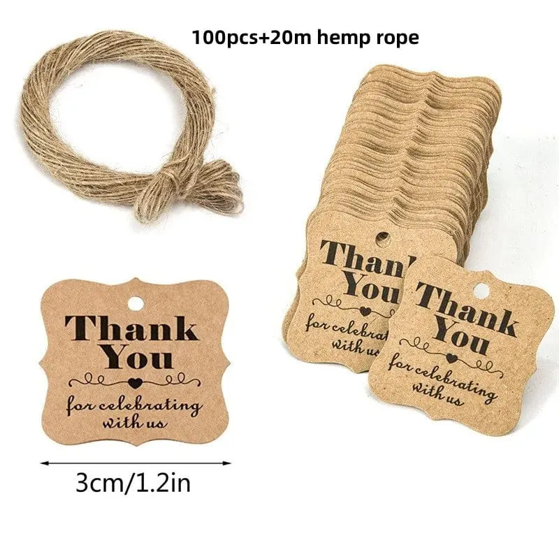 100 Stück + 20 m Hanfseil. Danke, dass Sie mit uns feiern. Handgefertigte Anhänger, Geschenkdekorationen, leere Preisschilder