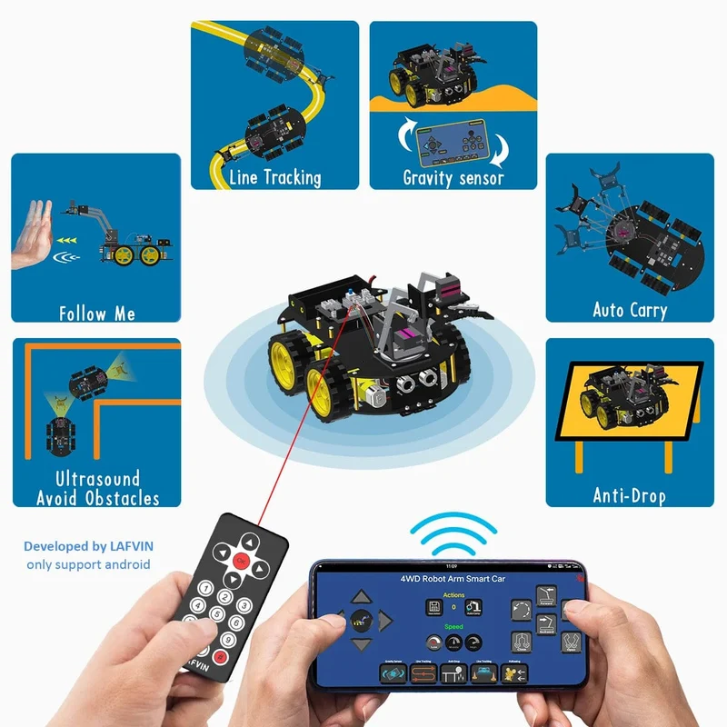 LAFVIN Mechanisches 4WD-Roboterarm-Auto-Kit für Arduino Smart Robot Car Set für Lern- und Bildungsautomatisierungs-Kits