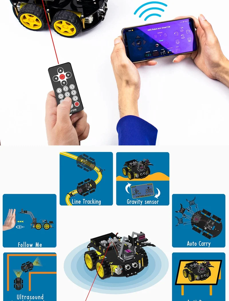 LAFVIN Mechanisches 4WD-Roboterarm-Auto-Kit für Arduino Smart Robot Car Set für Lern- und Bildungsautomatisierungs-Kits