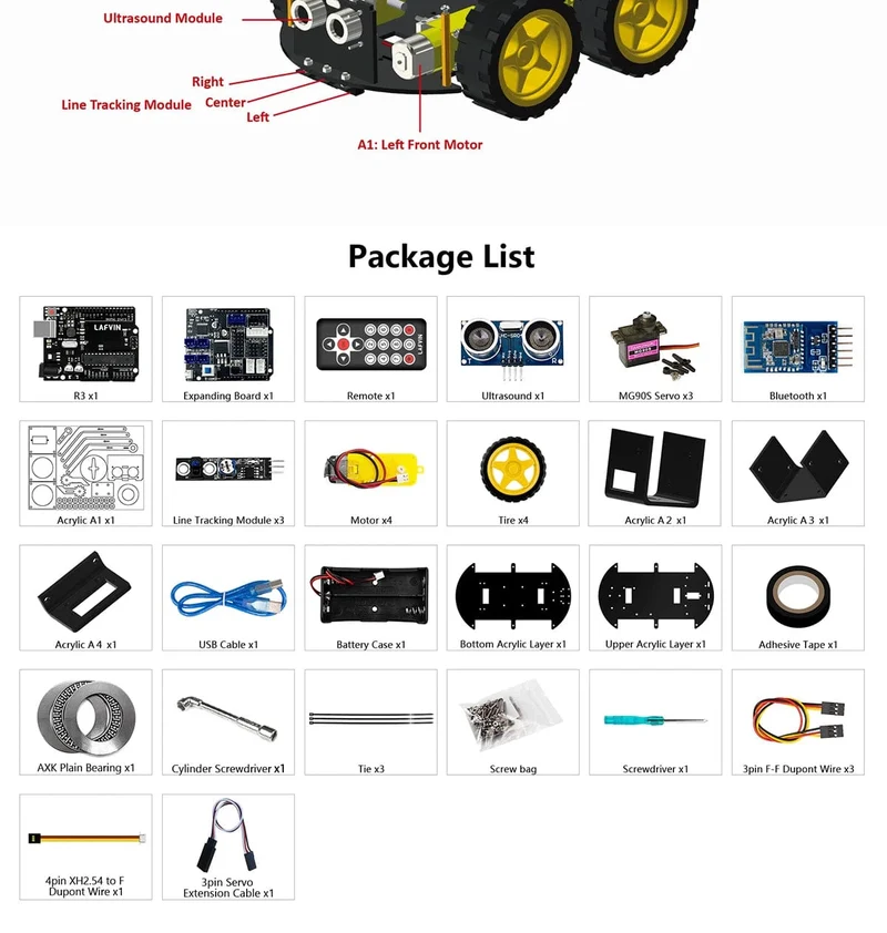 LAFVIN Mechanisches 4WD-Roboterarm-Auto-Kit für Arduino Smart Robot Car Set für Lern- und Bildungsautomatisierungs-Kits