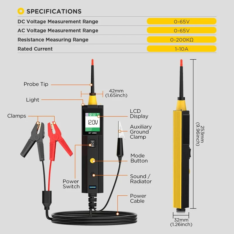 AUTOOL BT250 Stromkreistester Powerscan 6-30 V Automative Power Probe Kit LED-Anzeige Spannungspolaritätssucher Diagnosewerkzeug