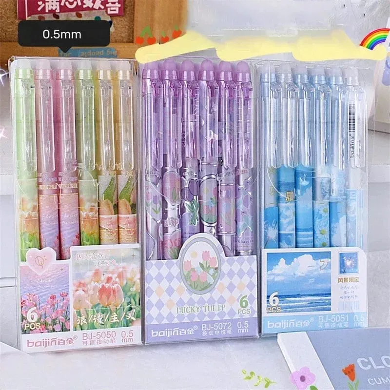6 Stück löschbare Gelschreiber, romantische Blumen, blau-schwarze Tinte, Signatur-Stifte mit Radiergummi, 0.5 mm, süße Stifte, Schreibutensilien für Büro und Schule