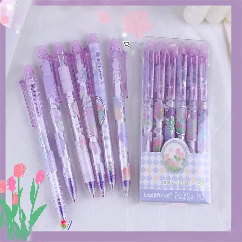 6 Stück löschbare Gelschreiber, romantische Blumen, blau-schwarze Tinte, Signatur-Stifte mit Radiergummi, 0.5 mm, süße Stifte, Schreibutensilien für Büro und Schule