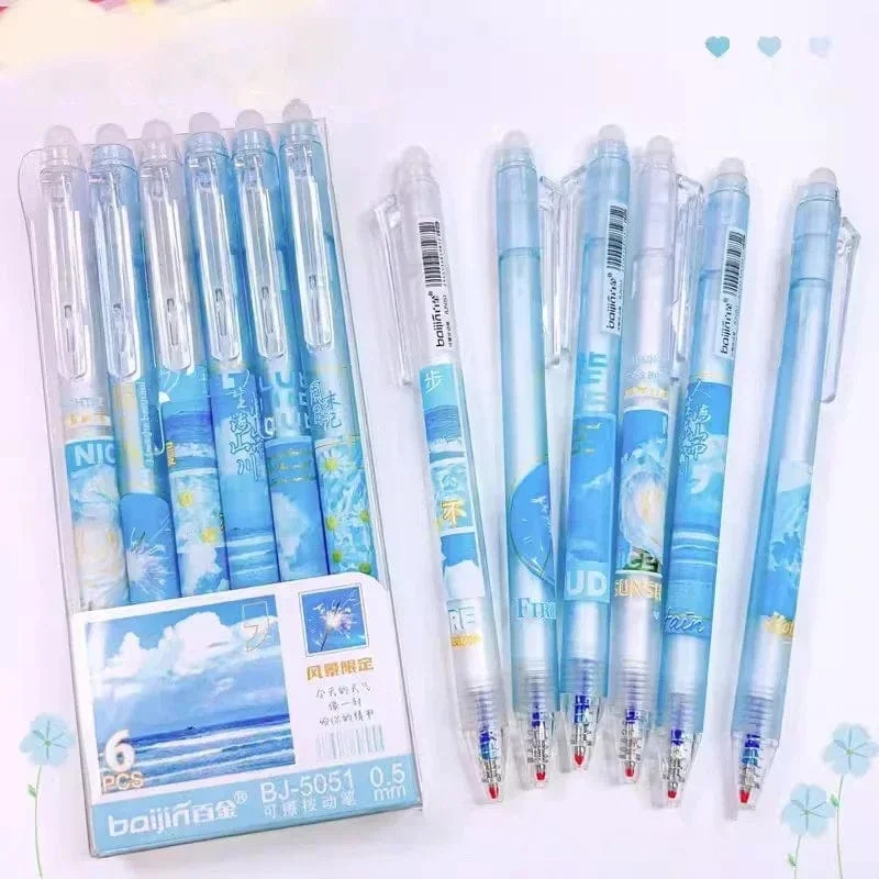 6 Stück löschbare Gelschreiber, romantische Blumen, blau-schwarze Tinte, Signatur-Stifte mit Radiergummi, 0.5 mm, süße Stifte, Schreibutensilien für Büro und Schule