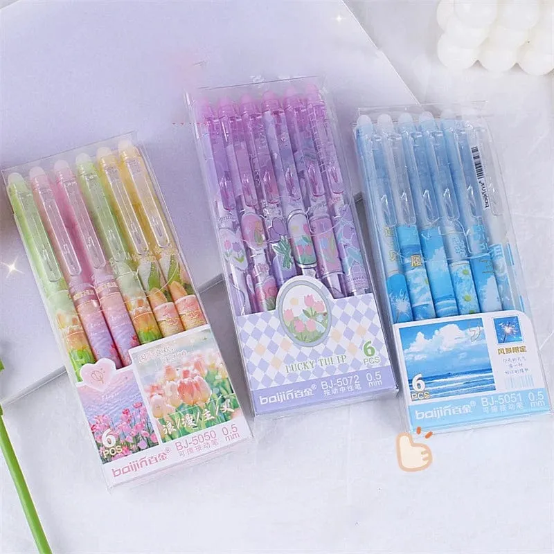 6 Stück löschbare Gelschreiber, romantische Blumen, blau-schwarze Tinte, Signatur-Stifte mit Radiergummi, 0.5 mm, süße Stifte, Schreibutensilien für Büro und Schule