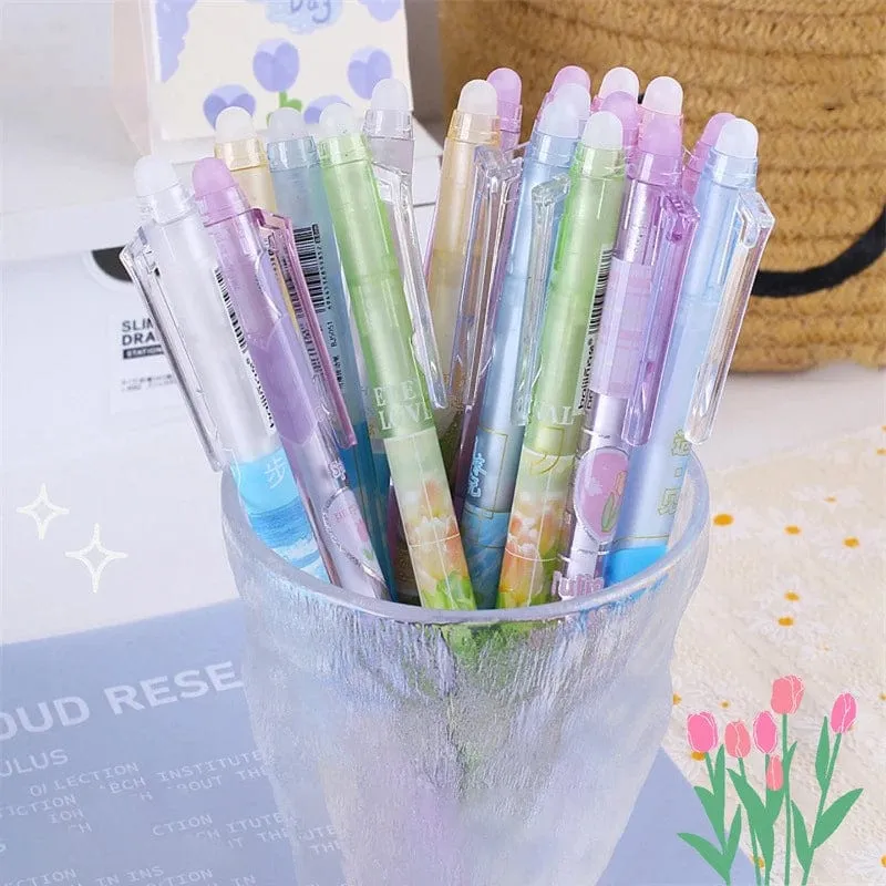 6 Stück löschbare Gelschreiber, romantische Blumen, blau-schwarze Tinte, Signatur-Stifte mit Radiergummi, 0.5 mm, süße Stifte, Schreibutensilien für Büro und Schule