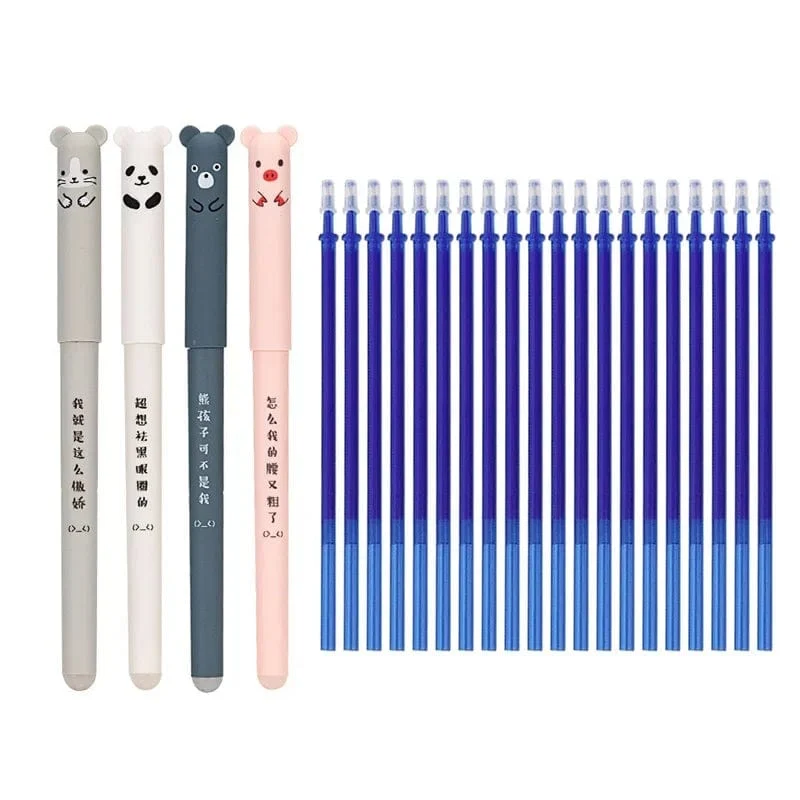 4 + 20 Teile/satz Kawaii Schwein Bär Katze Löschbaren Gel Stift Minen Stangen 0.35mm Blau Schwarz Tinte Waschbar Griff Schule Bürobedarf Geschenk