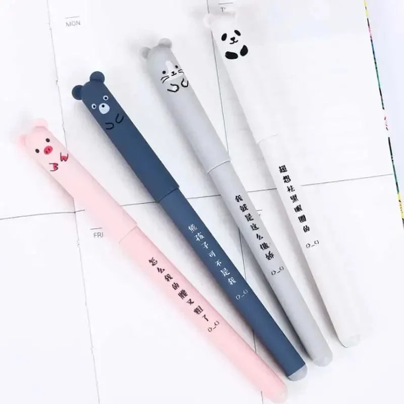 4 + 20 Teile/satz Kawaii Schwein Bär Katze Löschbaren Gel Stift Minen Stangen 0.35mm Blau Schwarz Tinte Waschbar Griff Schule Bürobedarf Geschenk