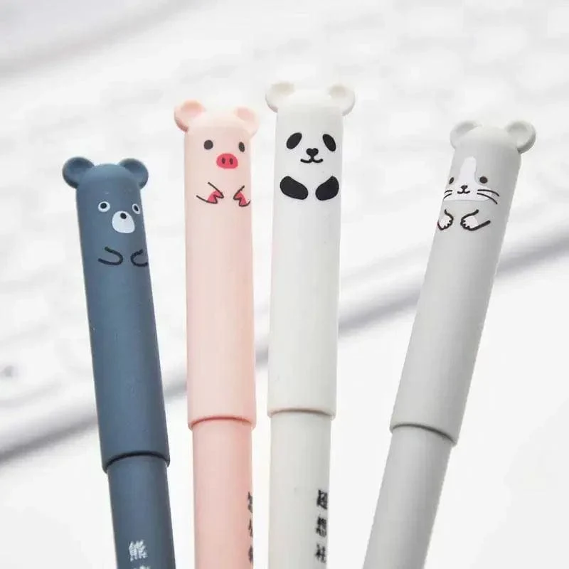 4 + 20 Teile/satz Kawaii Schwein Bär Katze Löschbaren Gel Stift Minen Stangen 0.35mm Blau Schwarz Tinte Waschbar Griff Schule Bürobedarf Geschenk