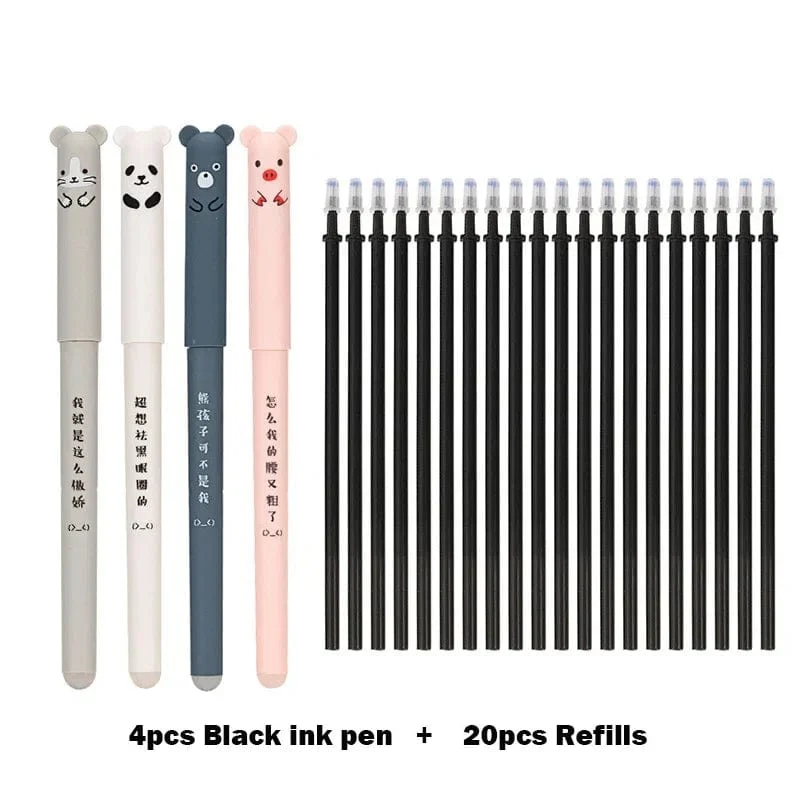 4 + 20 Teile/satz Kawaii Schwein Bär Katze Löschbaren Gel Stift Minen Stangen 0.35mm Blau Schwarz Tinte Waschbar Griff Schule Bürobedarf Geschenk