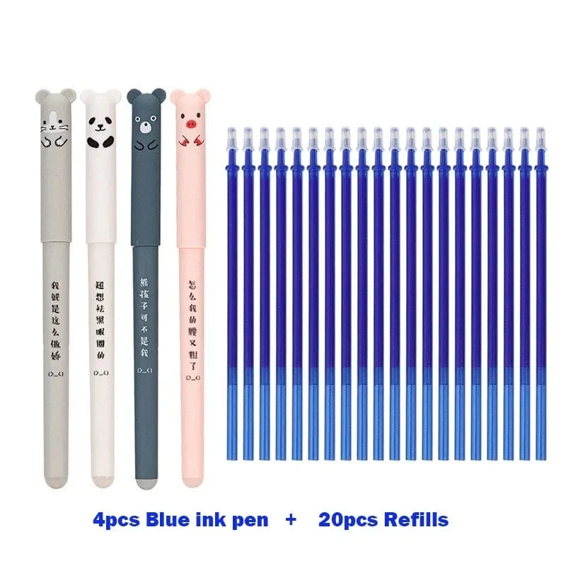 4 + 20 Teile/satz Kawaii Schwein Bär Katze Löschbaren Gel Stift Minen Stangen 0.35mm Blau Schwarz Tinte Waschbar Griff Schule Bürobedarf Geschenk
