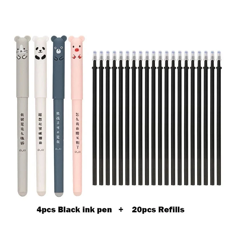 4 + 20 Teile/satz Kawaii Schwein Bär Katze Löschbaren Gel Stift Minen Stangen 0.35mm Blau Schwarz Tinte Waschbar Griff Schule Bürobedarf Geschenk