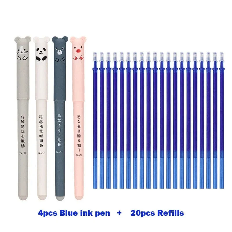 4 + 20 Teile/satz Kawaii Schwein Bär Katze Löschbaren Gel Stift Minen Stangen 0.35mm Blau Schwarz Tinte Waschbar Griff Schule Bürobedarf Geschenk