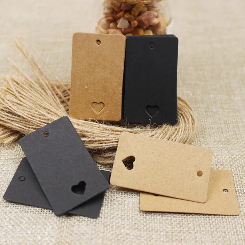100 stücke + 100 hanf string 5*3cm neue stil rechteckigen schwarz/Kraft Papier Leere Karte Hand ziehen Geschenk Label Tags Herz