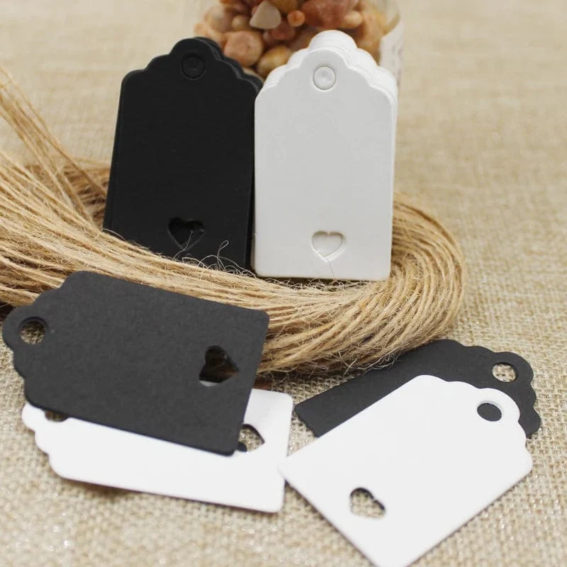 100 stücke + 100 hanf string 5*3cm neue stil rechteckigen schwarz/Kraft Papier Leere Karte Hand ziehen Geschenk Label Tags Herz