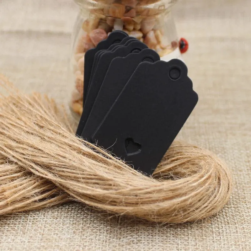 100 stücke + 100 hanf string 5*3cm neue stil rechteckigen schwarz/Kraft Papier Leere Karte Hand ziehen Geschenk Label Tags Herz